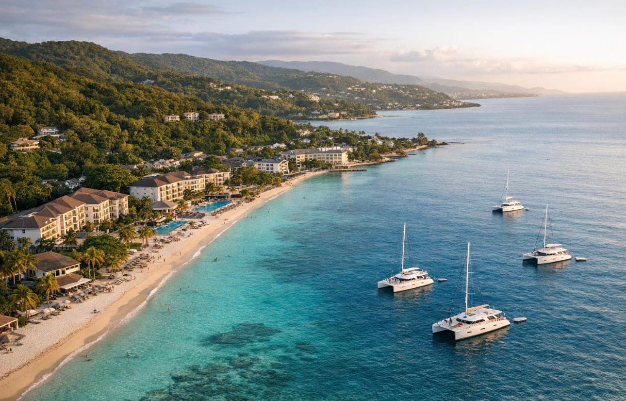 The coastline west of Montego Bay, with catamarans at anchor